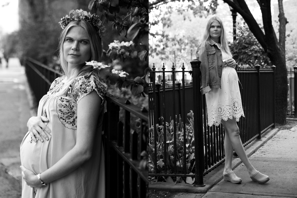 Left: Vintage Mexican dress, silk flower headband. Right: Vintage Wrangler jacket, Isabel Marant dress, No. 6 clogs