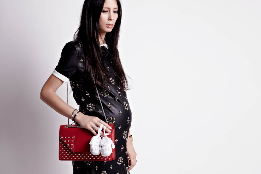 Saint Laurent embellished dress, shoulder bag, and shoes. La Chatelaine baby shoes/