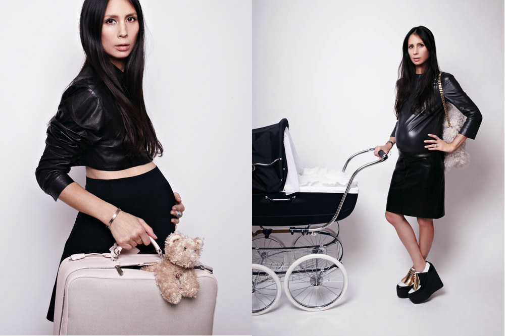 Left: Barbara Bui leather shirt and jersey skirt, Baby Dior changing bag, Bonpoint bear. Right: Céline leather dress, platforms, and fur bag. Le Chatelaine stroller.